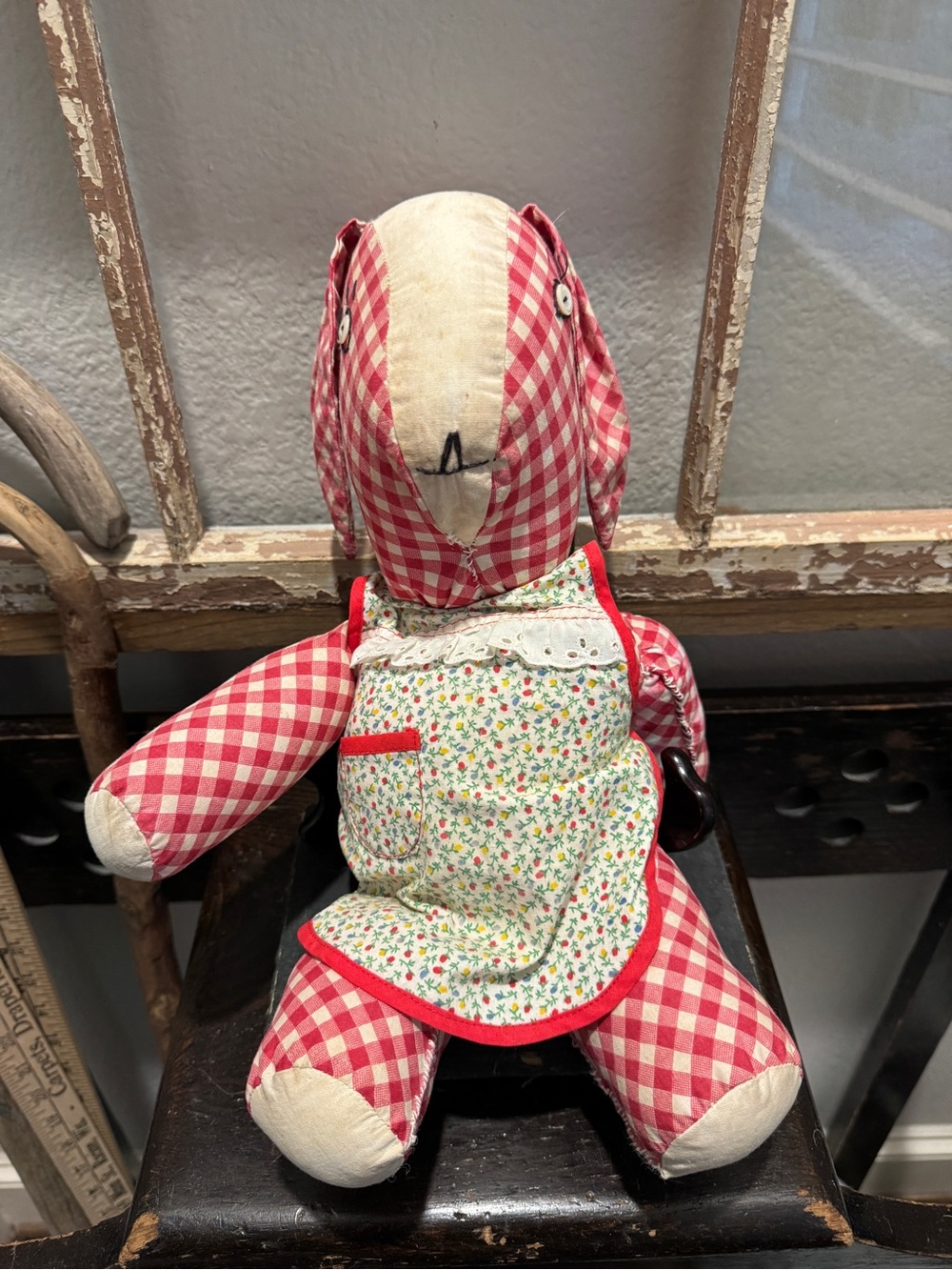 Vintage Red Gingham Plush Bunny with Floral Apron